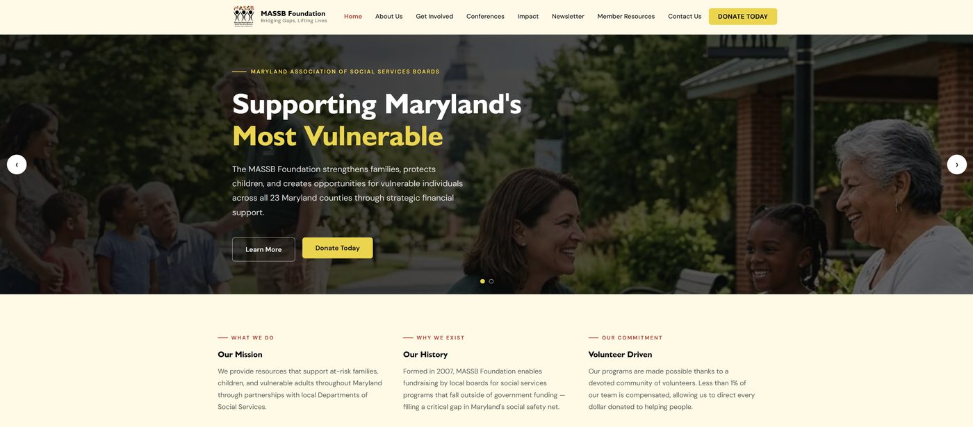 MASSB Foundation website after rebuild, desktop view