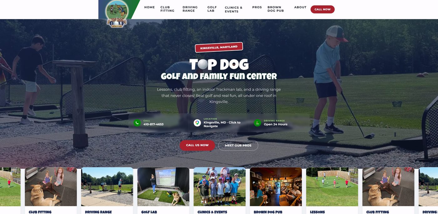 Top Dog Golf Center website after rebuild, desktop view